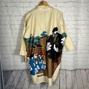 Vintage Kimono Robe Japan Kabuki Samurai Graphic Cream L-151 35in
